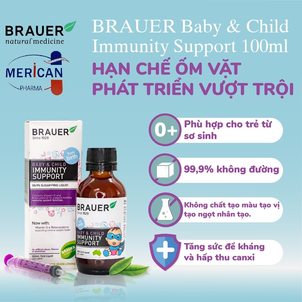 Tăng sức đề kháng cho bé - Brauer Immunity Support hỗ trợ Tăng cường Hệ miễn dịch dạng siro 100ML