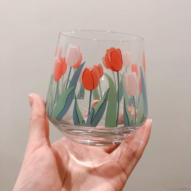 Cốc nước thủy tinh in họa tiết hoa tulip phong cách Hàn Quốc 400ml tiện dụng