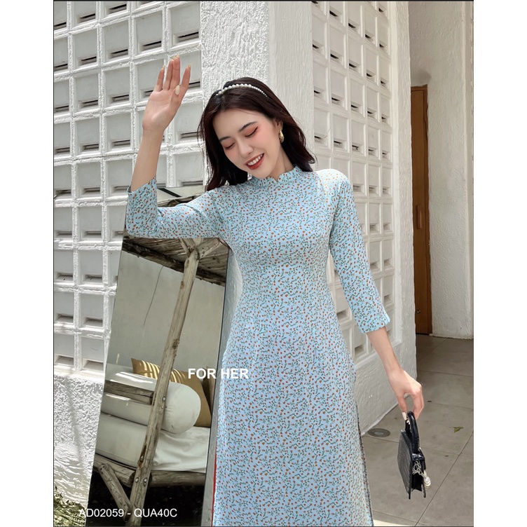 Áo dài xanh hoa nhí cam AD02059