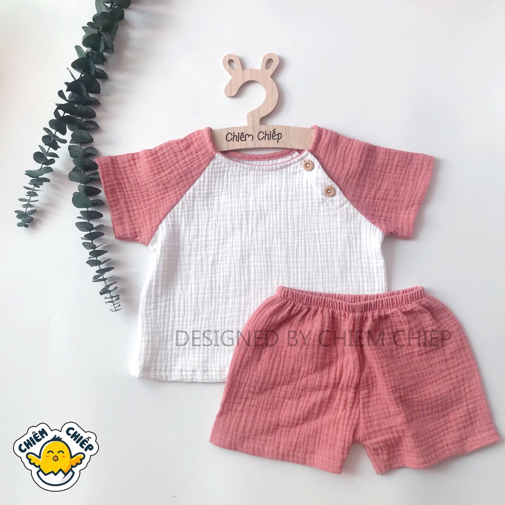 Chiêm Chiếp bộ đồ quần áo thiết kế raglan cho trẻ muslin thoáng mát - có 5 màu