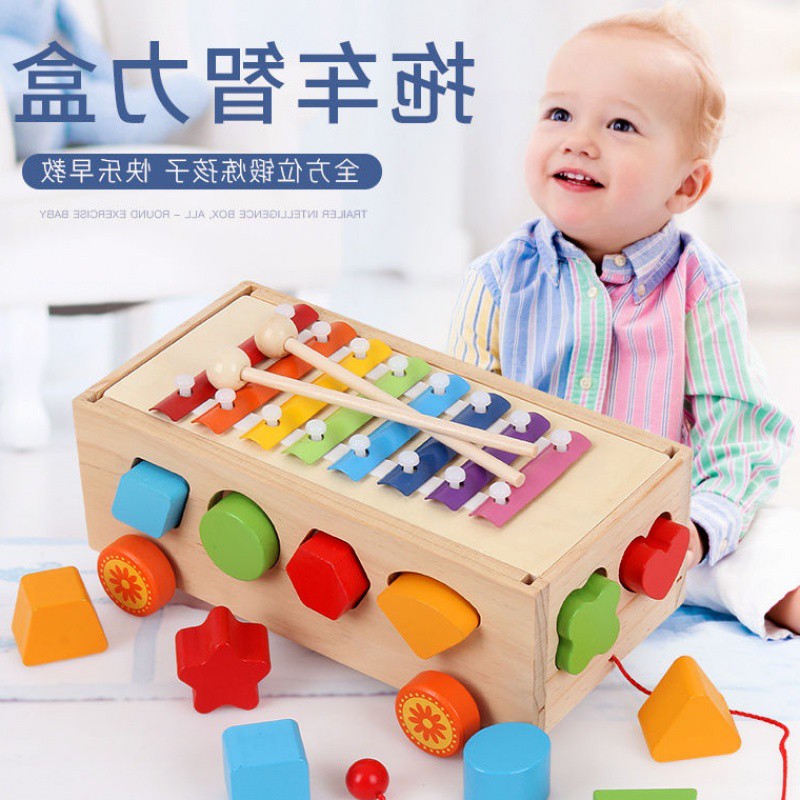 Đồ Chơi Gỗ Xe Kéo Thả Hình Khối Kết Hợp Đàn Xylophone Cho Bé