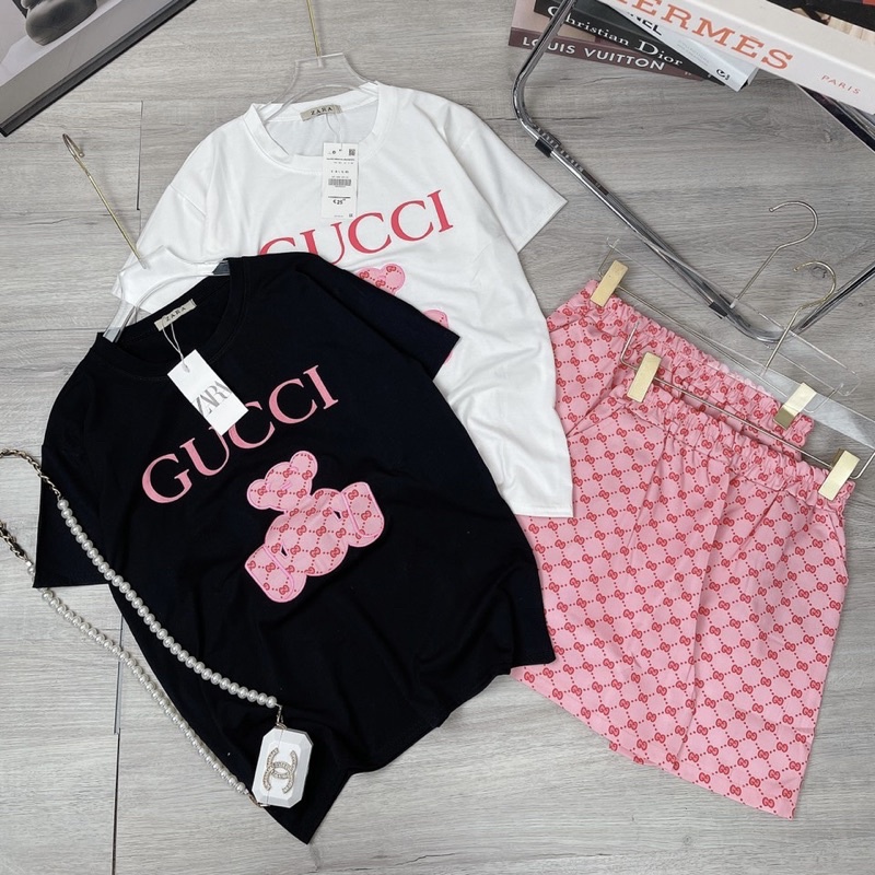 Set áo cotton thêu gấu và quần sooc đùi kaki Bộ đùi mặc ở nhà Bộ ngủ