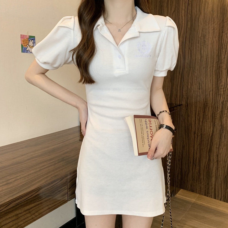 SUXI Đầm Mini Tay Phồng Cổ POLO Màu Trơn Ngọt Ngào Thời Trang Mùa Hè