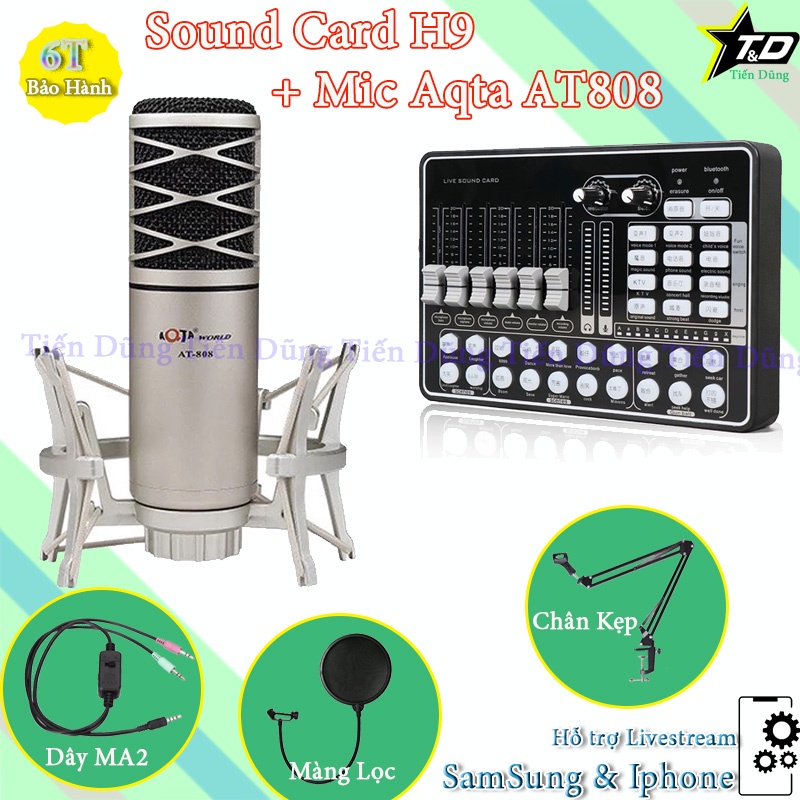 Combo mic livestream karaoke Aqta AT808 và sound card H9 có bluetooth Auto-tune đi kèm dây ma2 chân kẹp màng lọc