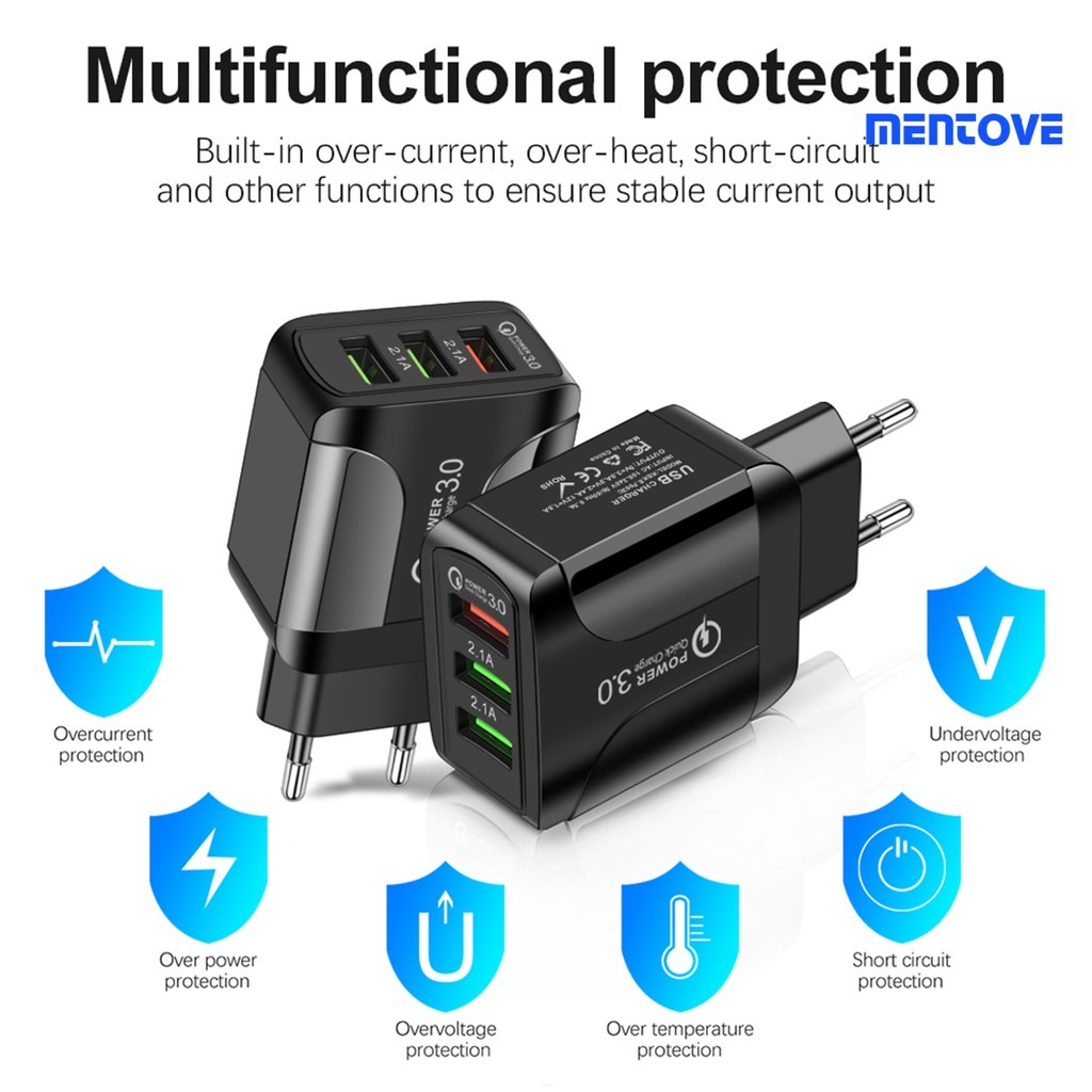 Cốc sạc nhanh 3 cổng USB QC3.0 5.1A phích cắm EU/US
