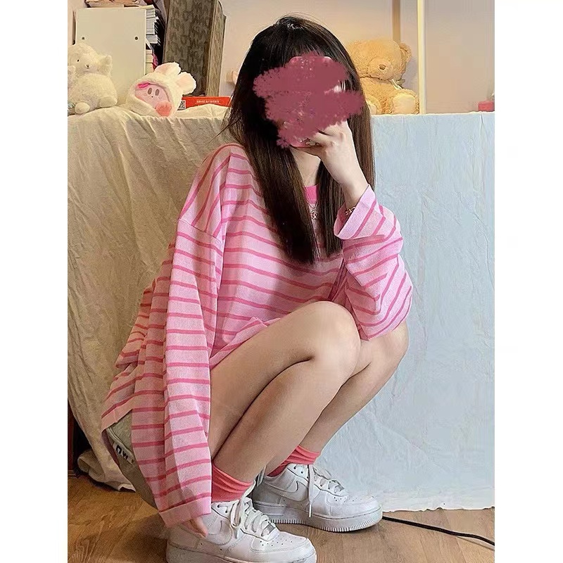 Áo Thun Tay Dài Cổ Tròn Dáng Rộng Họa Tiết Kẻ Sọc Dễ Phối Đồ Phong Cách Hàn Quốc Dễ Thương Cho Nữ