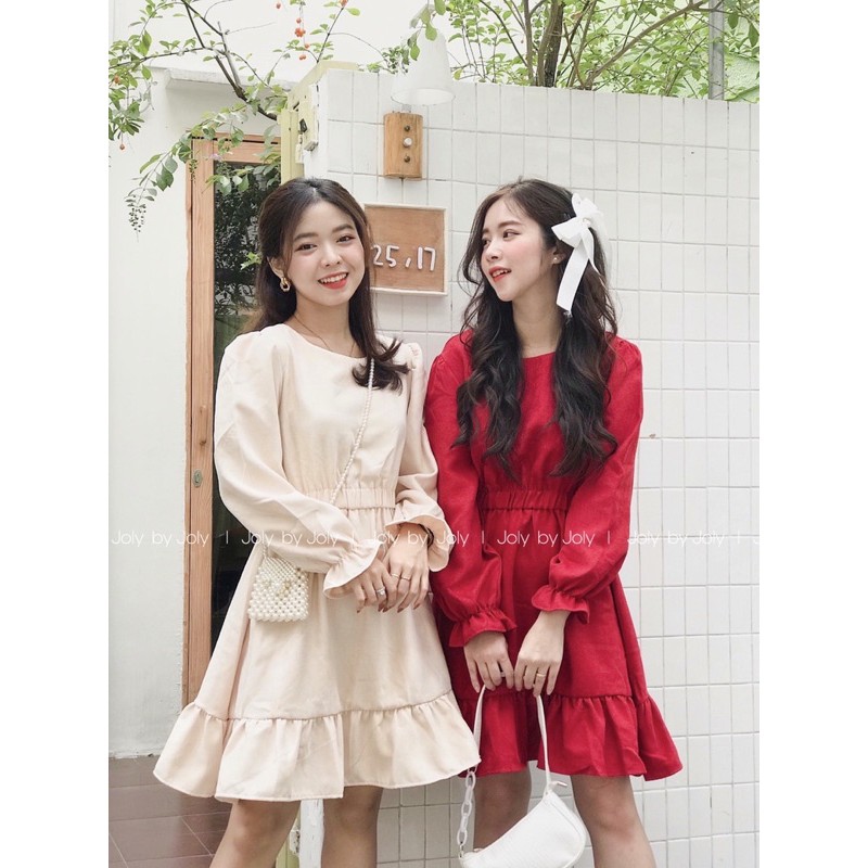 Đầm Baby Doll Trơn Cột Eo  Dài Tay
