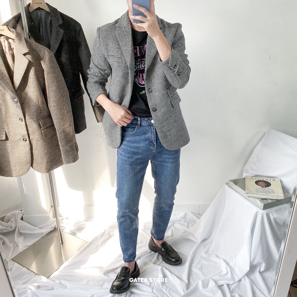 Quần Jean Nam YY slimfit, quần bò xước vằn màu retro kiểu Hàn Quốc GATE6 - Xanh vintage 9055