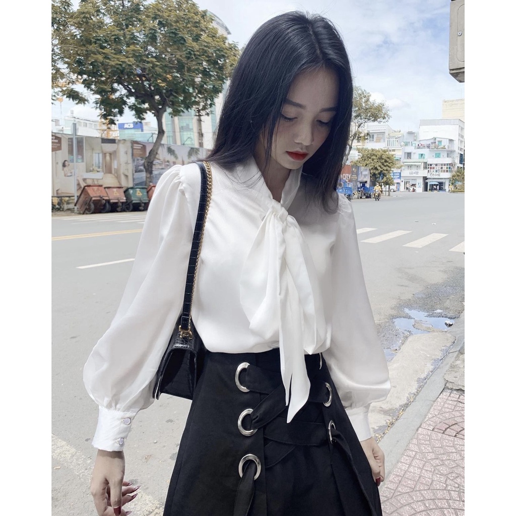 Set Váy Dài Kèm Áo Sơ Mi Trắng Phối Nơ