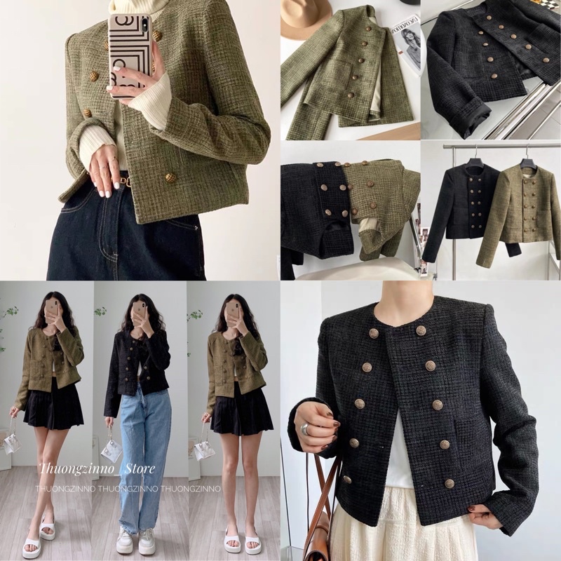[Ảnh thật/Video]Áo khoác dạ cúc đồng RÊU/Đen sang chảnh Áo khoác dạ tweed Hàn Quốc