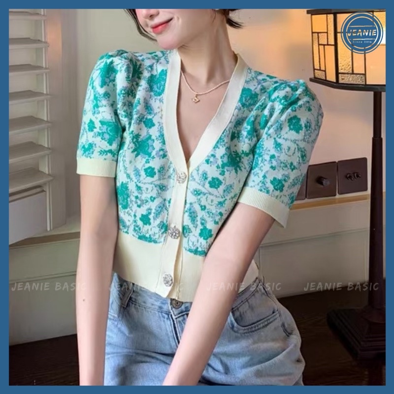 Áo len cộc tay nữ JEANIE, áo len mỏng dệt kim hoạ tiết sang chảnh cúc đính đá hàng loại 1