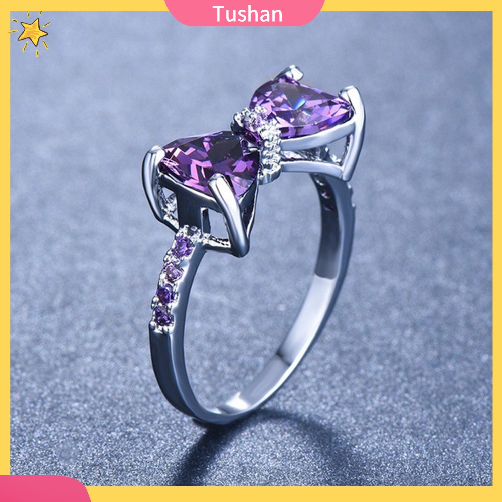 Nhẫn đính hôn hình nơ khảm thạch anh tím thời trang