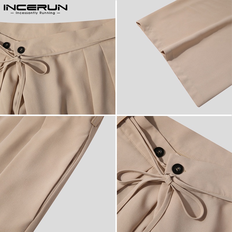 Quần dài INCERUN ống rộng xếp ly rút dây màu trơn thời trang đi chơi cho nam