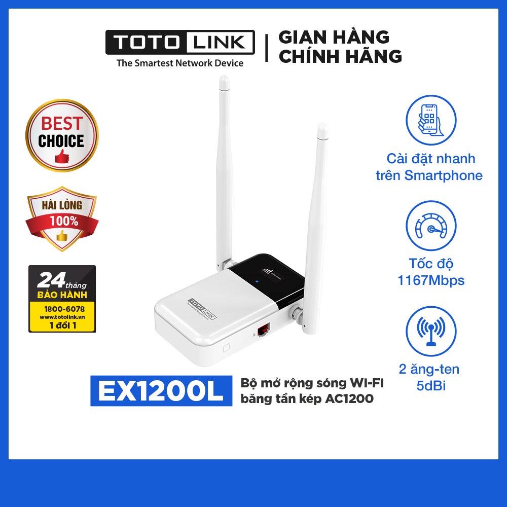Bộ mở rộng sóng Wi-Fi băng tần kép chuẩn AC1200Mbps TOTOLINK EX1200L Cục kích sóng wifi tốc độ cao