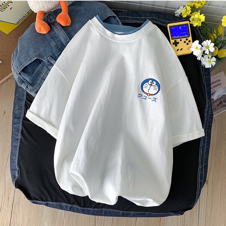 (XẢ KHO) Áo thun tay lỡ unisex  - Phông nam nữ 4 màu cotton dáng xuông streetwear - mặc nhóm lớp in hình Doraemon
