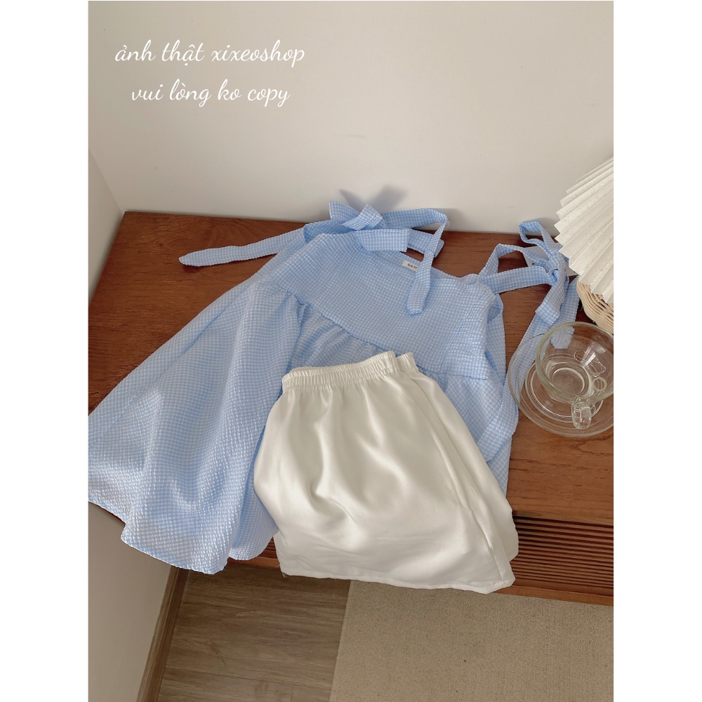 Set áo babydoll 2 dây kẻ xanh xốp kèm quần sooc trắng xixeoshop - V42