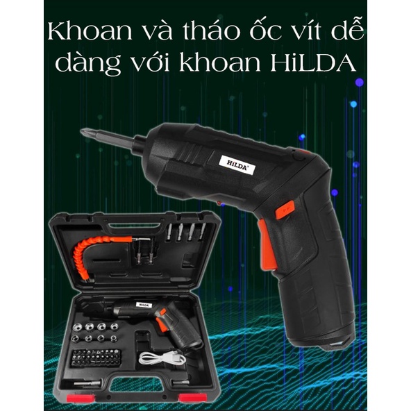 Bộ máy khoan và tháo ốc vít HiLDA không dây với 47 phụ kiện - chất liệu ABS + kim loại - K1151