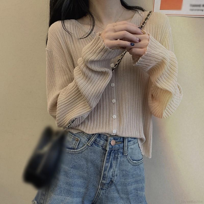[Baywellfashion]Áo Khoác Cardigan Dệt Kim Tay Dài Cổ Chữ V Màu Trơn Phối Nút Xinh Xắn Cho Nữ | BigBuy360 - bigbuy360.vn