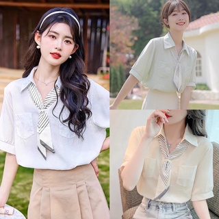 ÁO SƠ MI NGẮN TAY KÈM KHĂN LỤA 5 MÀU HOT HIT