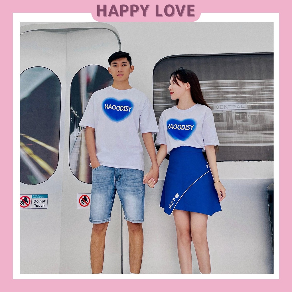 Áo đôi nam nữ unisex form rộng hình trái tim in chữ HAPPYLOVE, Áo phông cặp đôi chất liệu cotton cao cấp Quảng Châu H05