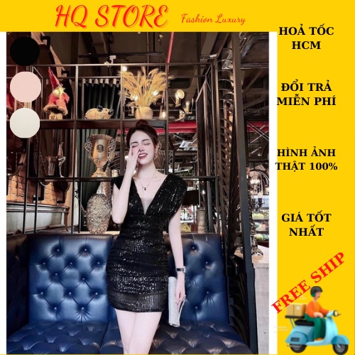 Đầm body kim sa cánh dơi cổ tim quến rũ có lót kèm mút - Maxi HQ store