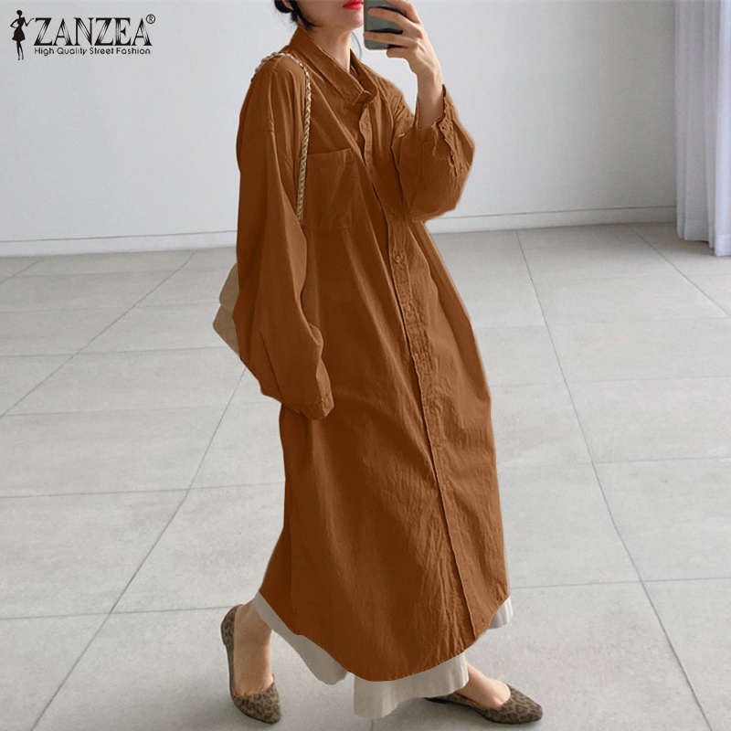 Đầm dài ZANZEA cổ lật tay dài cài nút màu trơn dành cho nữ