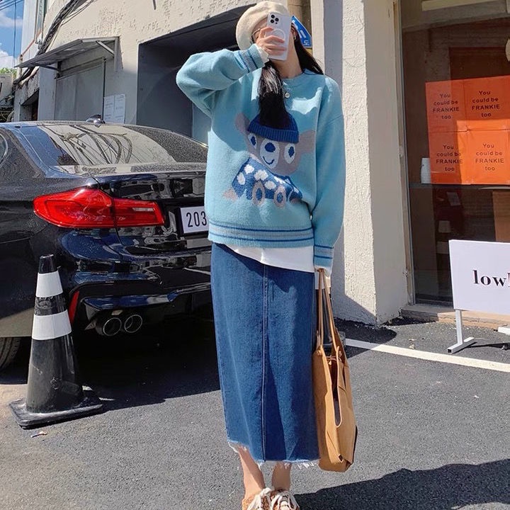 Áo Sweater Dệt Kim Dáng Rộng In Hình Chú Gấu Màu Xanh Dương Kiểu Hàn Quốc Thời Trang Mùa Thu Mới 2021