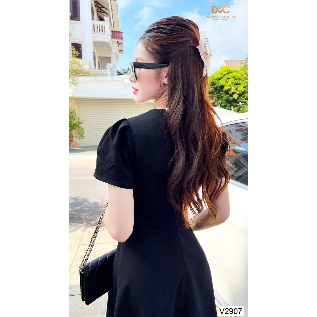 (kèm video)VÁY ĐEN NHÚN NGỰC PHỐI MẶT ĐAI ĐÁ V2907-DOLCE VIVA COLLECTION