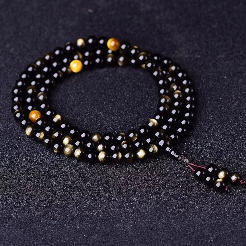 Vòng tay đá núi lửa Obsidian đổi màu vàng đen chuỗi 108 hạt/Vòng tay phong thủy tài lộc💕FREESHIP 50k💕-Những Điều Bình An