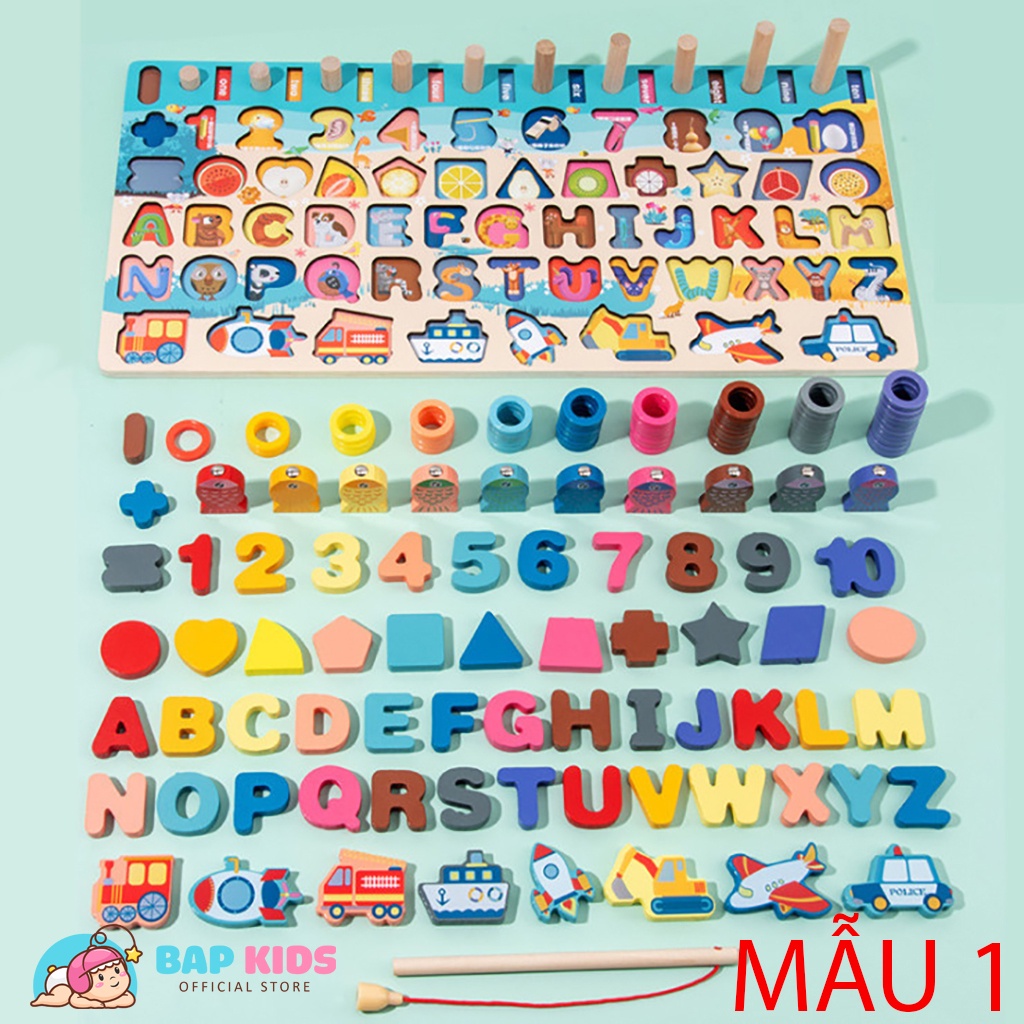 Đồ chơi câu cá gỗ đa năng 7 trong 1 kèm hình khối, số, chữ và phương tiện giao thông