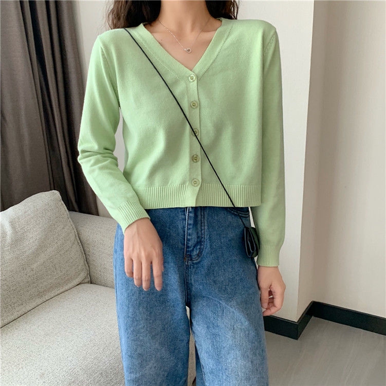 Áo khoác cardigan len dệt kim mỏng dáng ngắn tay dài cổ chữ V màu trơn thời trang hàn quốc cho nữ