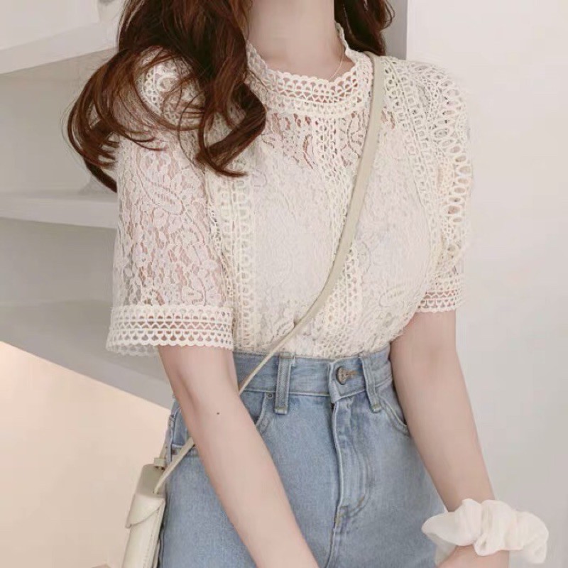 Áo ren ngắn tay phong cách tiểu thư - Áo sơ mi kiểu nữ Hàn Quốc