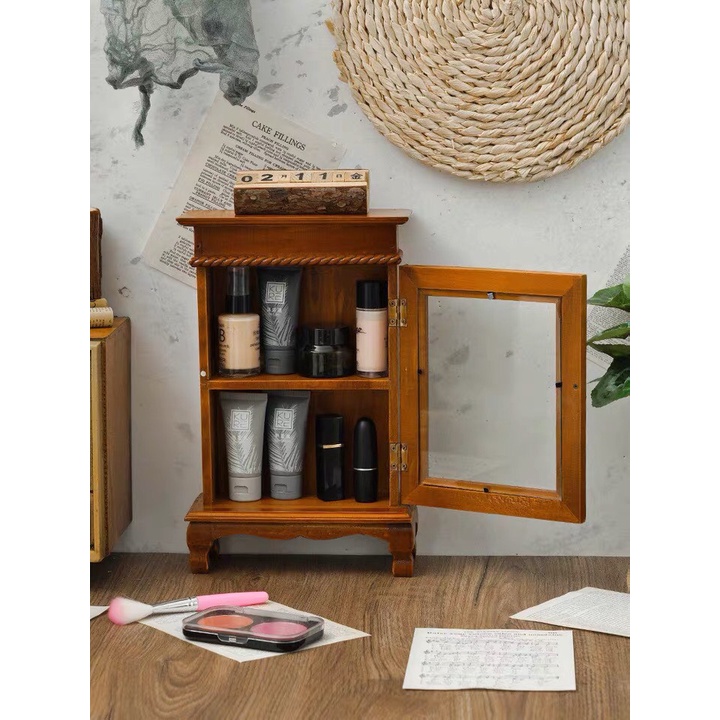 Tủ Gỗ Mini Để Bàn 2 Ngăn Đựng Đồ Decor Phong Cách Vintage