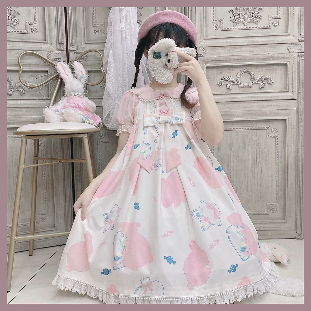 Đầm in hình thỏ màu kẹo phong cách lolita đáng yêu