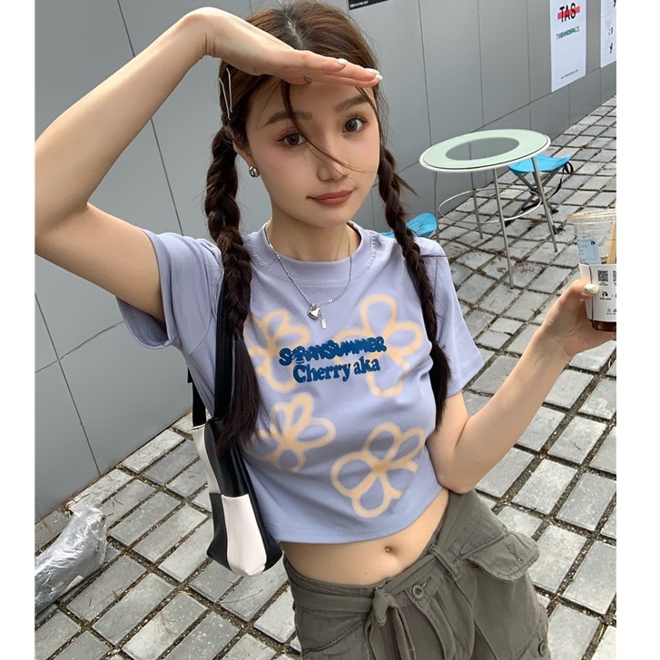 QKOOLE  Áo crop top Nữ Tay Ngắn In Hình Thời Trang Hàn Quốc