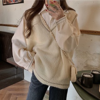 ♙Bộ đồ nữ hai mảnh có thể gập lại của Hàn Quốc, áo len dệt kim, ghi lê và vest, sơ mi blouse