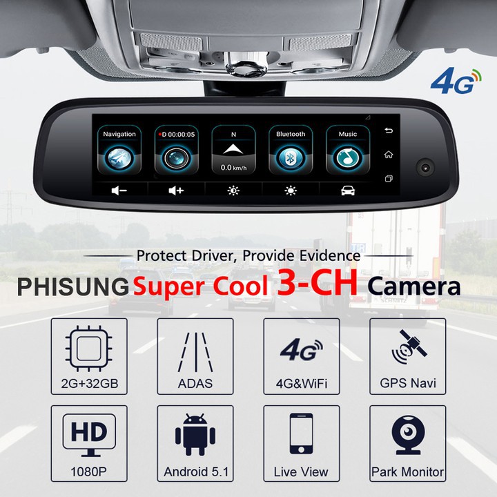 Camera hành trình cao cấp Phisung tích hợp 3 camera, 4G, Android, Wifi - E09-3 - Hàng Nhập Khẩu Chính Hãng