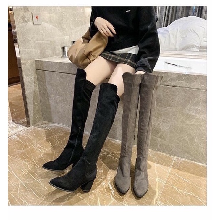 Bốt đùi nữ da lộn lót lông gót vuông cao 7cm có khoá kéo