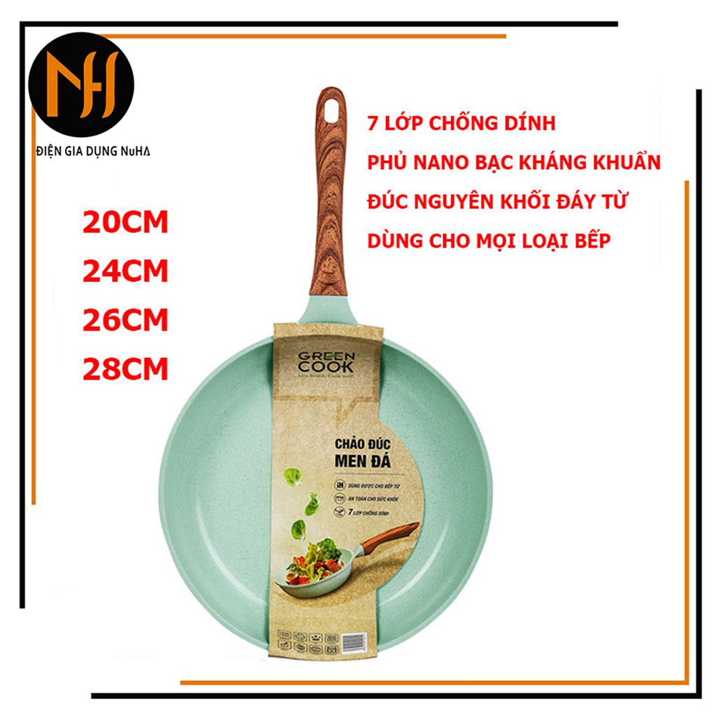 Chảo đúc đáy từ chống dính 7 lớp Green Cook GCP06 men đá xanh ngọc sâu lòng 20cm/24cm/26cm/28cm