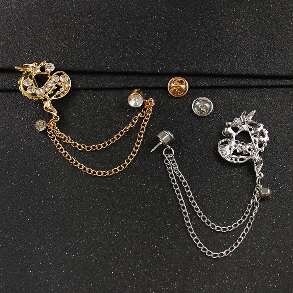 Ghim cài áo hình rồng đính kim cương giả phối dây xích thời trang Trung Hoa