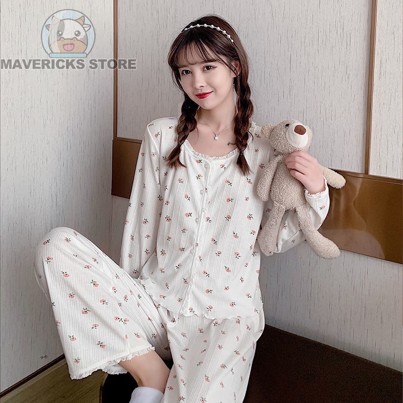 Bộ Đồ Ngủ Tay Dài Dáng Rộng In Hoa Phong Cách Hàn Quốc Thời Trang Mùa Thu Xinh Xắn Cho Nữ