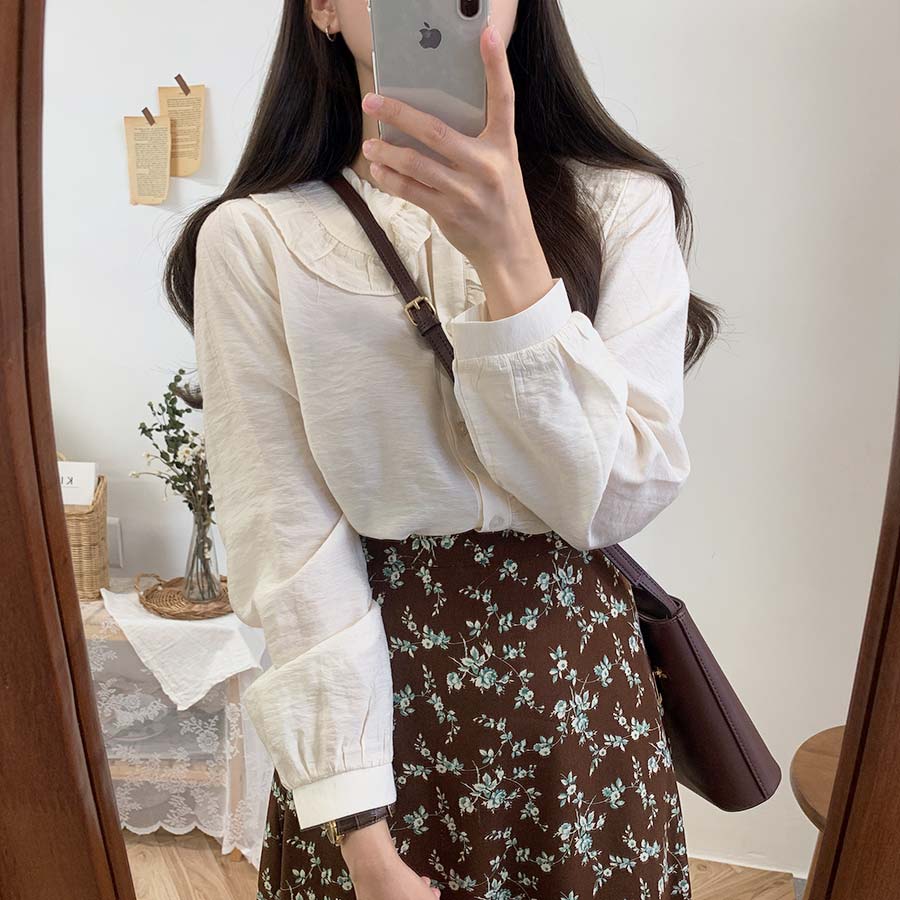 Áo Sơ Mi Dài Tay Cổ Búp Bê Màu Trơn Đơn Giản 30680