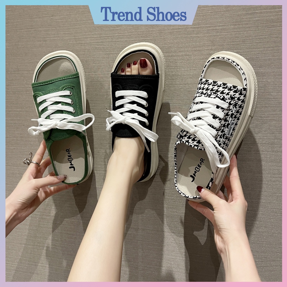 Giày Sục Nữ Hở Mũi Chất Vải Canvas, Đế Cao 3cm Phong Cách Hàn Quốc Hot Trend