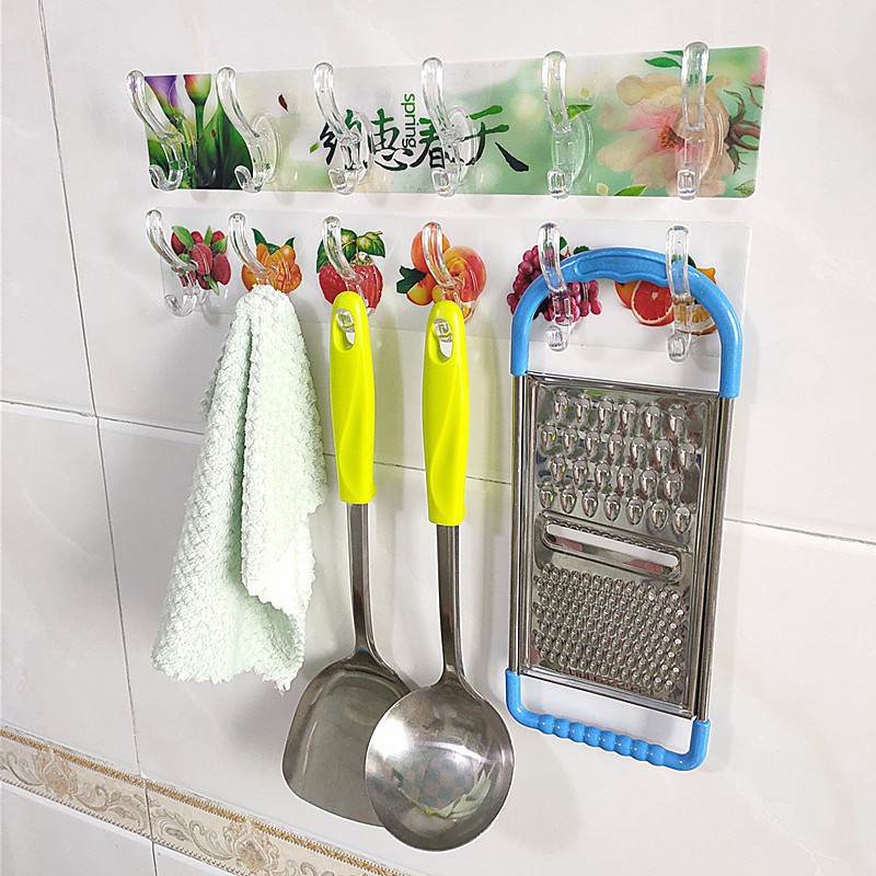 Thanh Treo Đồ Dán Tường 6 Móc Trong Suốt Siêu Dính, Móc Treo Nhà Bếp Nhà Tắm Đa Năng
