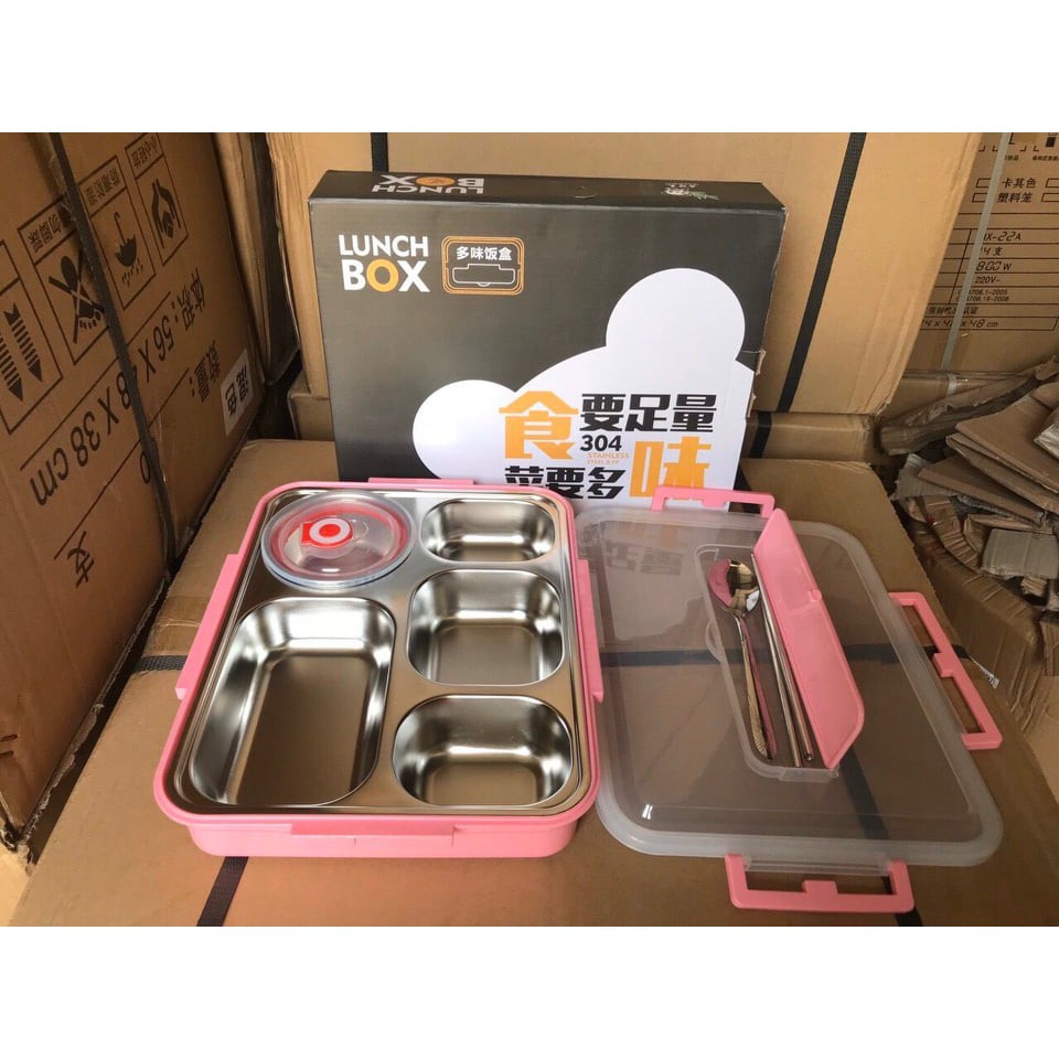 [TẶNG KHĂN LAU] Hộp Đựng Cơm 5 Ngăn Khay Inox Lunch Box Có Nắp Đậy Cao Cấp + Kèm Đũa Thìa + 1 Bát Con Có Nắp Tiện Dụng