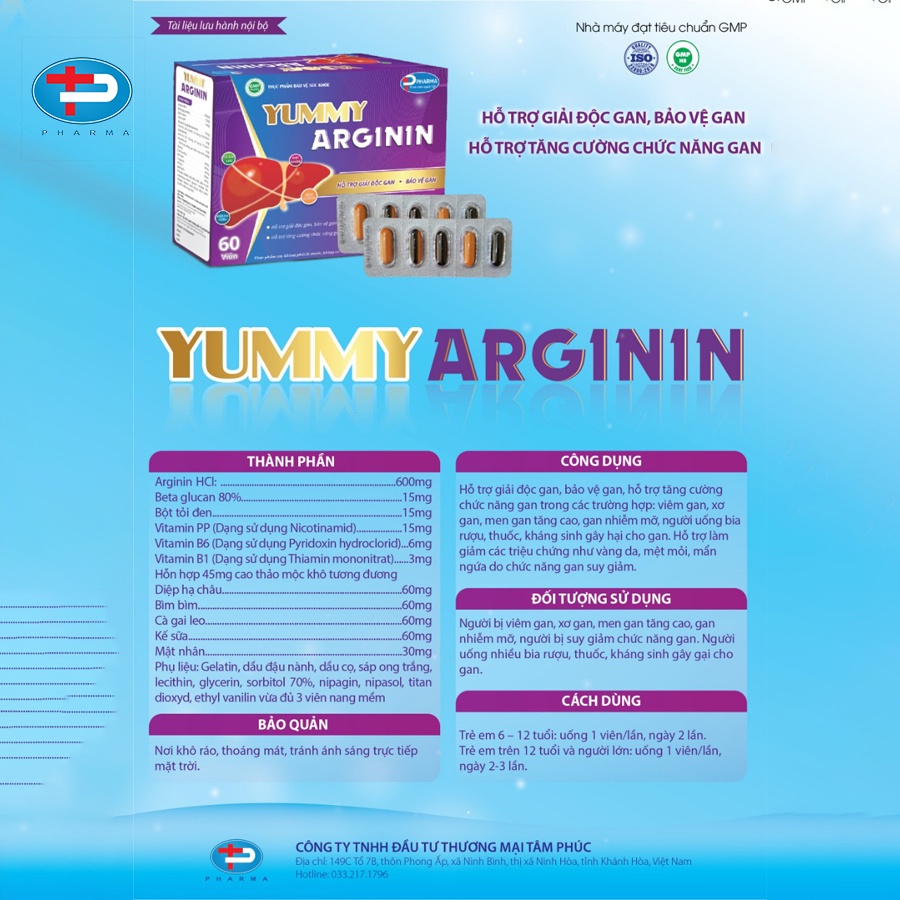 Viên Uống Yummy Arginin TÂM PHÚC PHARMA Hỗ Trợ Giải Độc Gan, Bảo Vệ Gan, Hỗ Trợ Tăng Cường Chức Năng Gan