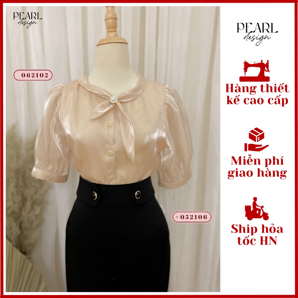 Áo sơ mi chiết eo tay bồng lụa tơ óng kiểu cách điệu nơ cổ nữ Pearl Design 062102
