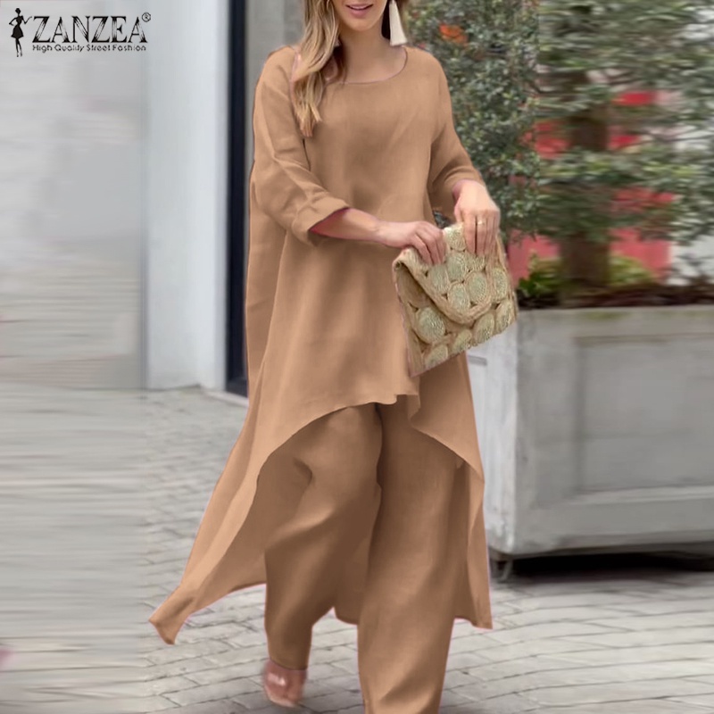 Set đồ ZANZEA gồm áo dài tay cổ tròn + quần dài lưng thun thời trang nữ
