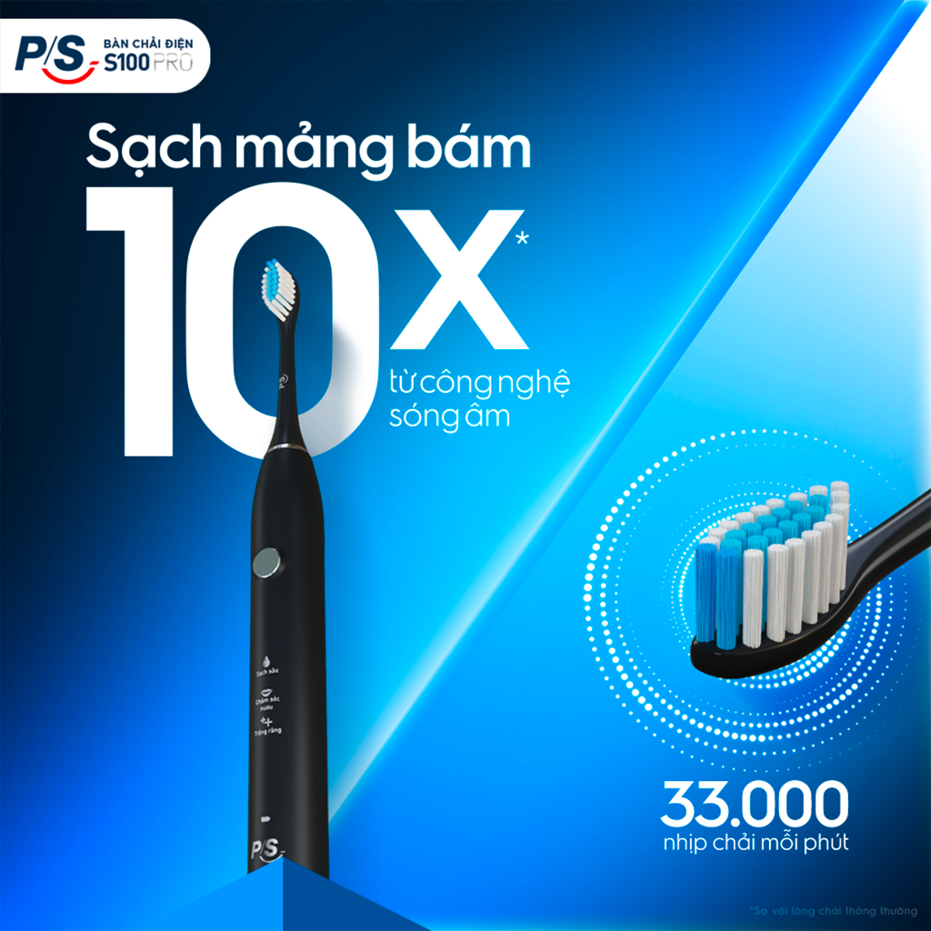 Bộ bàn Chải Điện P/S S100 PRO - Công Nghệ Sóng Âm, Chải Sạch Mảng Bám Tới 10X + Quà Sinh Nhật