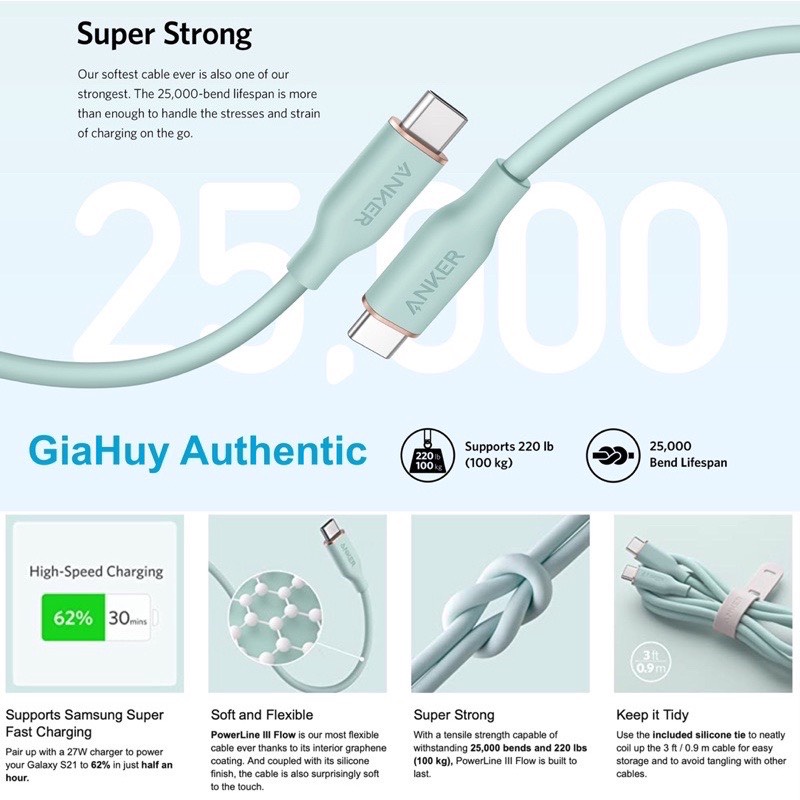 Cáp sạc Anker PowerLine III Flow Type C to C 100W 5A - A8552 A8553 dài 0.9/1.8 Mét sạc nhanh PD Laptop Mac Air Pro M1